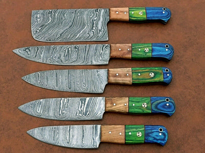 5 Pcs Forged Damascus Steel Kitchen Knife Set  Handmade Chef Knives With Wood Handles 1