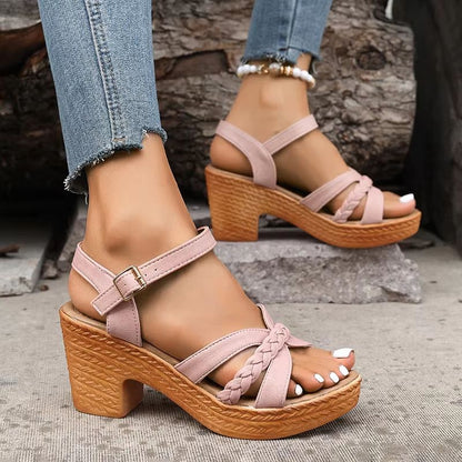 Womens Braided Platform Gladiator Sandals  2024 Summer Chunky High Heels With Ankle Straps For Casu 8