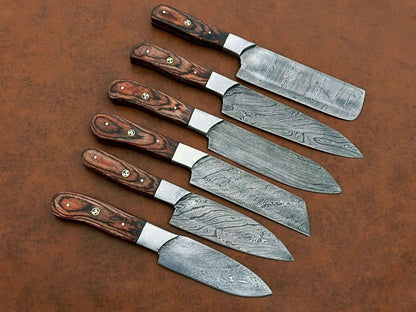 Artisan Damascus Chef Knife Set | 6 Custom Handmade Knives with Elegant Wood Handles