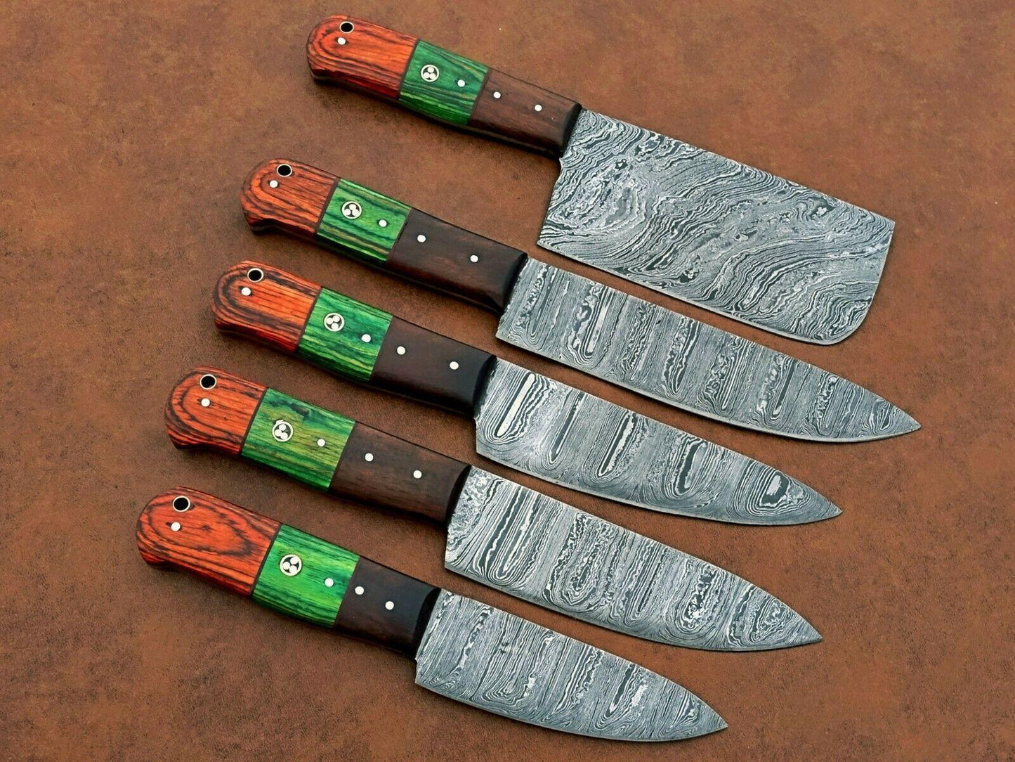 Forged Damascus Steel Kitchen Knives Set | Custom Handmade Chef Knife Collection (5 Pcs)