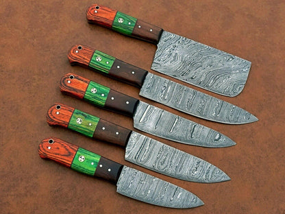 Forged Damascus Steel Kitchen Knives Set | Custom Handmade Chef Knife Collection (5 Pcs)