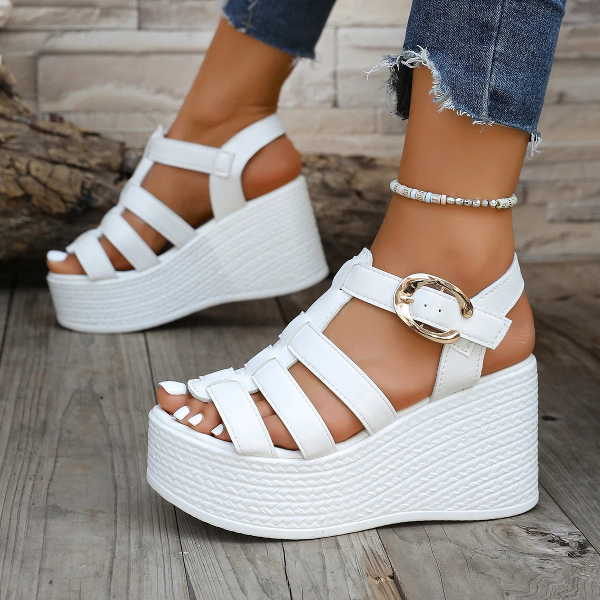 Womens Wedge Sandals With Ankle Buckle Patchwork Platform Gladiator Shoes Soft Sole NonSlip Summer  1