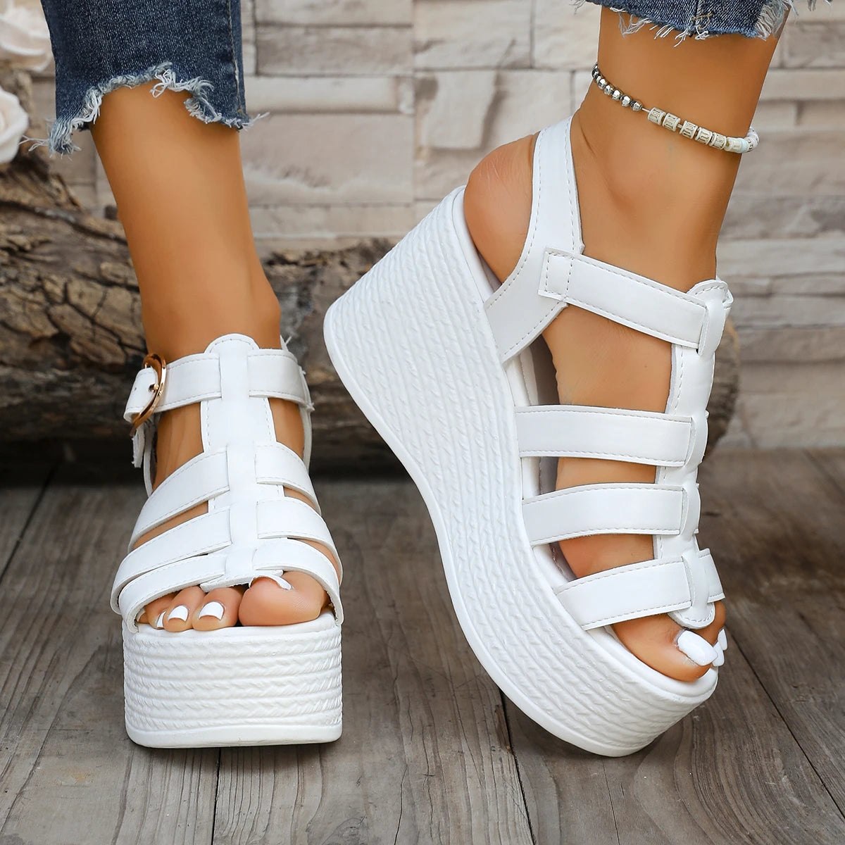 Womens Wedge Sandals With Ankle Buckle Patchwork Platform Gladiator Shoes Soft Sole NonSlip Summer  7