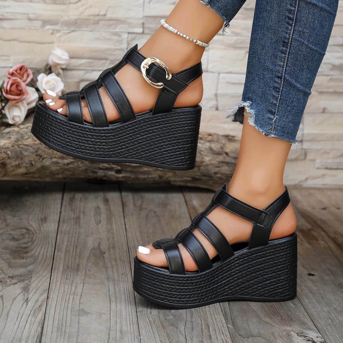 Womens Wedge Sandals with Ankle Buckle, Patchwork Platform Gladiator Shoes, Soft Sole Non-Slip Summer Comfort Sandals