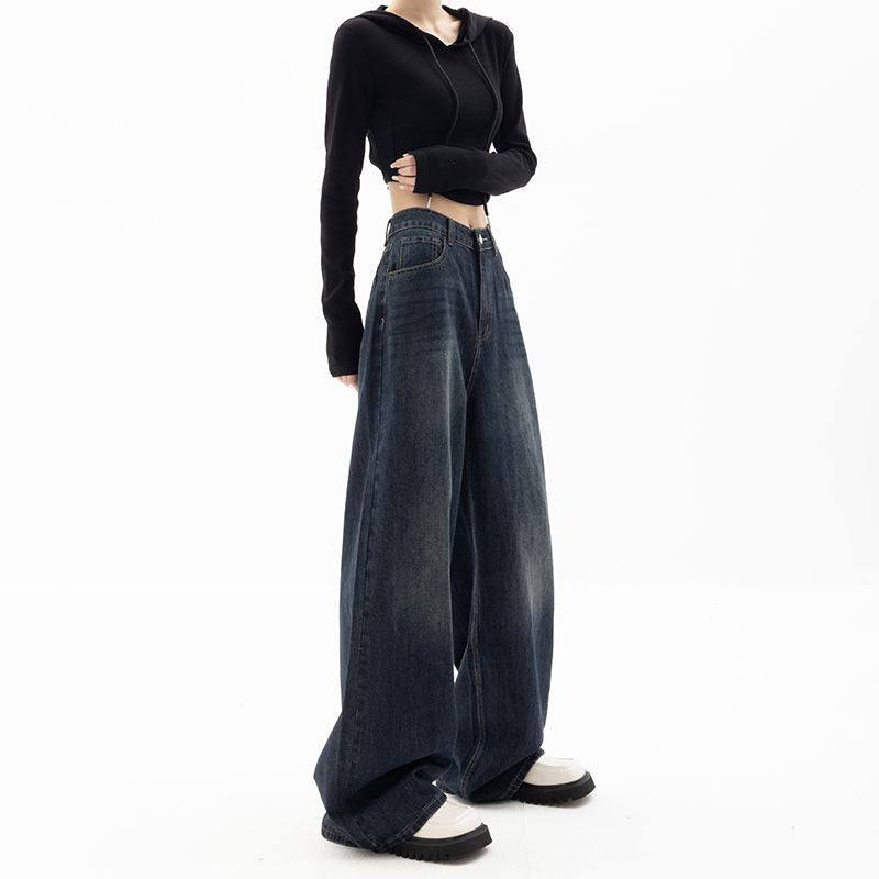 Retro Street Style Pants, High Waisted Wide Leg, Loose Fit Floor Length, Niche Design Slimming Jeans For Women