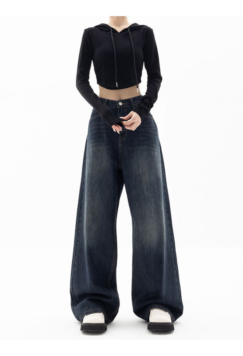 Retro Street Style Pants, High Waisted Wide Leg, Loose Fit Floor Length, Niche Design Slimming Jeans For Women