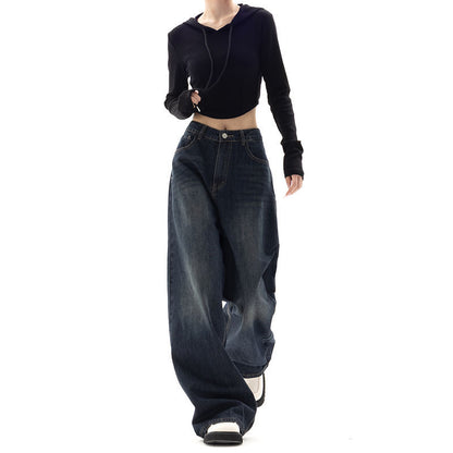 Retro Street Style Pants, High Waisted Wide Leg, Loose Fit Floor Length, Niche Design Slimming Jeans For Women