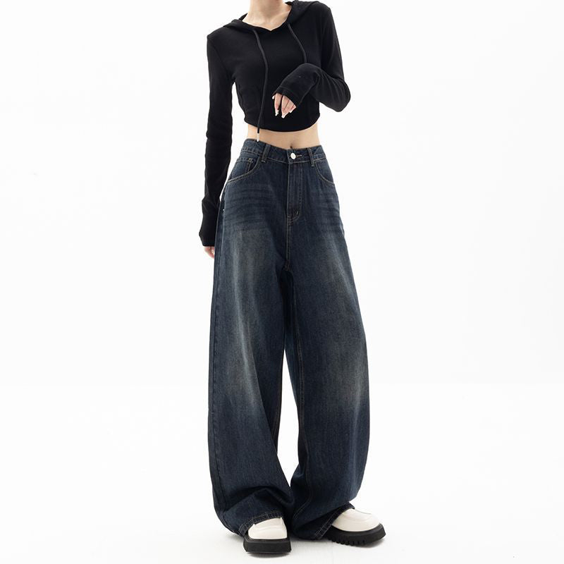 Retro Street Style Pants, High Waisted Wide Leg, Loose Fit Floor Length, Niche Design Slimming Jeans For Women