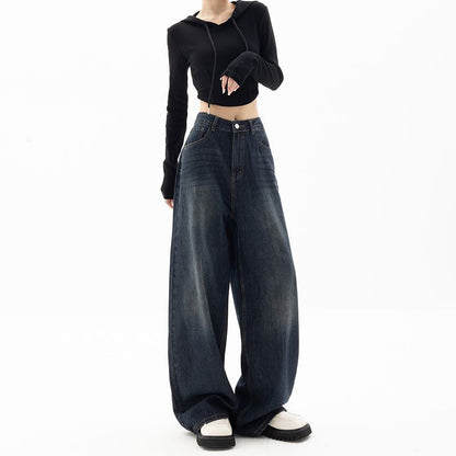 Retro Street Style Pants, High Waisted Wide Leg, Loose Fit Floor Length, Niche Design Slimming Jeans For Women