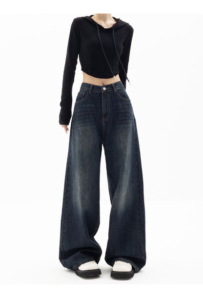Retro Street Style Pants, High Waisted Wide Leg, Loose Fit Floor Length, Niche Design Slimming Jeans For Women