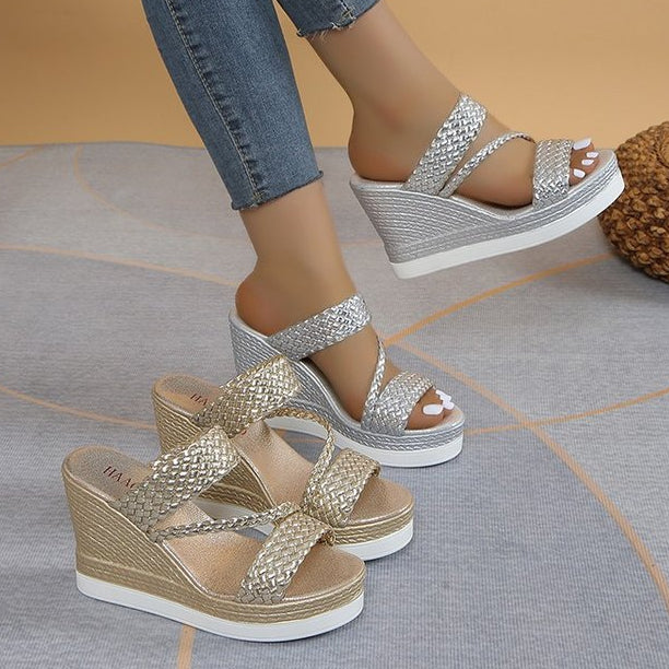 Womens Fashion Pearl Rhinestone Wedge Sandals, Summer Platform Slides, Elegant High Heel Casual Ladies Slippers