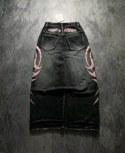 Street Retro Jeans for Women, Mottled Totem Print, Loose Fit Hip Hop Pants, American Straight Wide Leg Couple Jeans