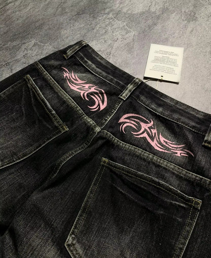 Street Retro Jeans for Women, Mottled Totem Print, Loose Fit Hip Hop Pants, American Straight Wide Leg Couple Jeans