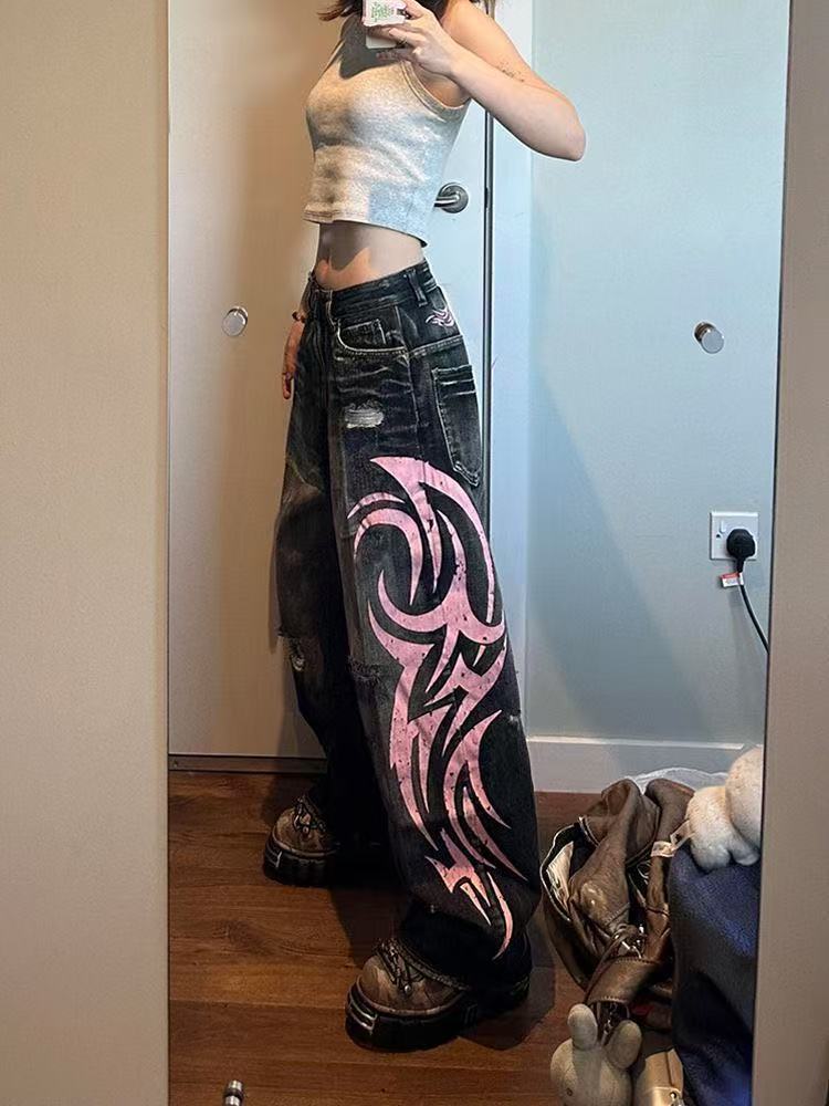 Street Retro Jeans for Women, Mottled Totem Print, Loose Fit Hip Hop Pants, American Straight Wide Leg Couple Jeans