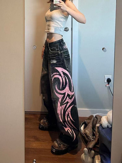Street Retro Jeans for Women, Mottled Totem Print, Loose Fit Hip Hop Pants, American Straight Wide Leg Couple Jeans
