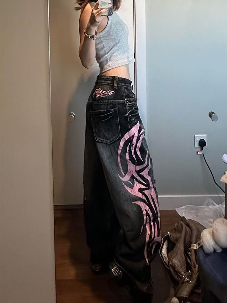 Street Retro Jeans for Women, Mottled Totem Print, Loose Fit Hip Hop Pants, American Straight Wide Leg Couple Jeans