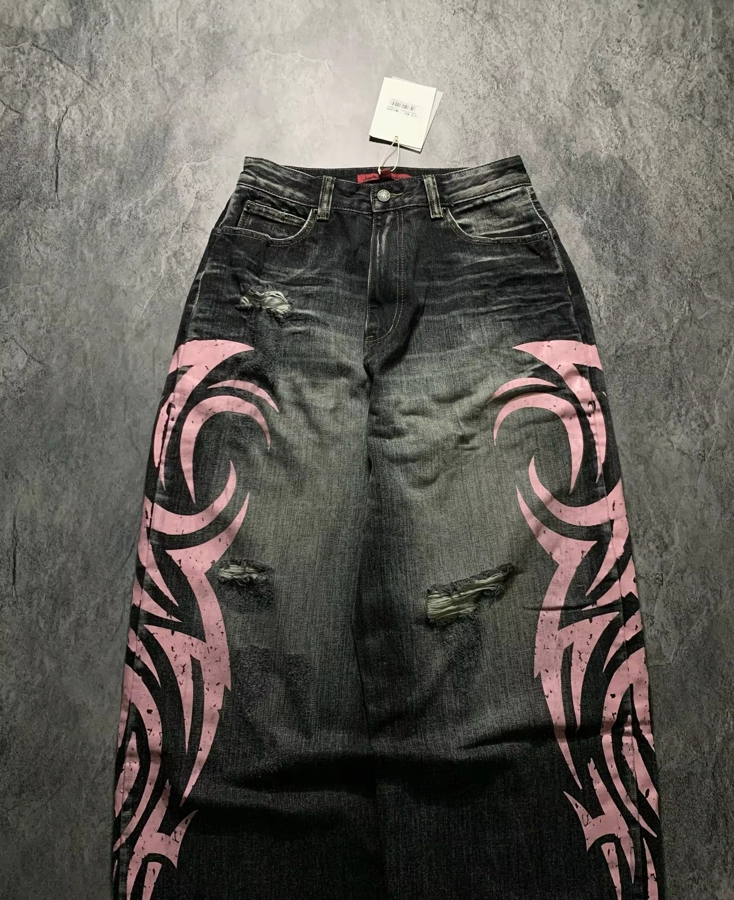 Street Retro Jeans for Women, Mottled Totem Print, Loose Fit Hip Hop Pants, American Straight Wide Leg Couple Jeans