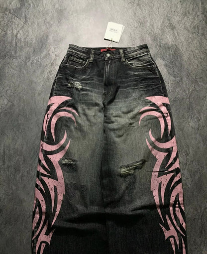 Street Retro Jeans for Women, Mottled Totem Print, Loose Fit Hip Hop Pants, American Straight Wide Leg Couple Jeans