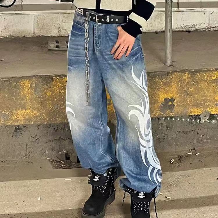 Street Retro Jeans for Women, Mottled Totem Print, Loose Fit Hip Hop Pants, American Straight Wide Leg Couple Jeans