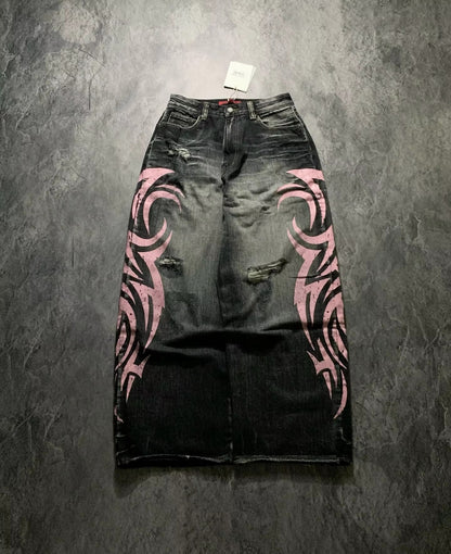 Street Retro Jeans for Women, Mottled Totem Print, Loose Fit Hip Hop Pants, American Straight Wide Leg Couple Jeans