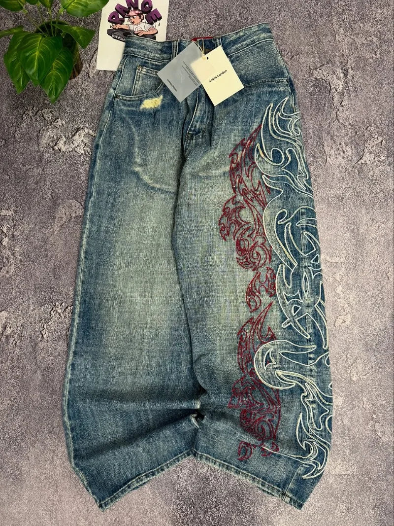 Street Retro Jeans for Women, Mottled Totem Print, Loose Fit Hip Hop Pants, American Straight Wide Leg Couple Jeans