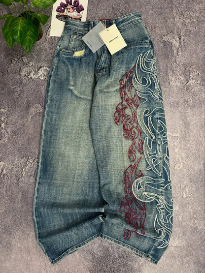 Street Retro Jeans for Women, Mottled Totem Print, Loose Fit Hip Hop Pants, American Straight Wide Leg Couple Jeans