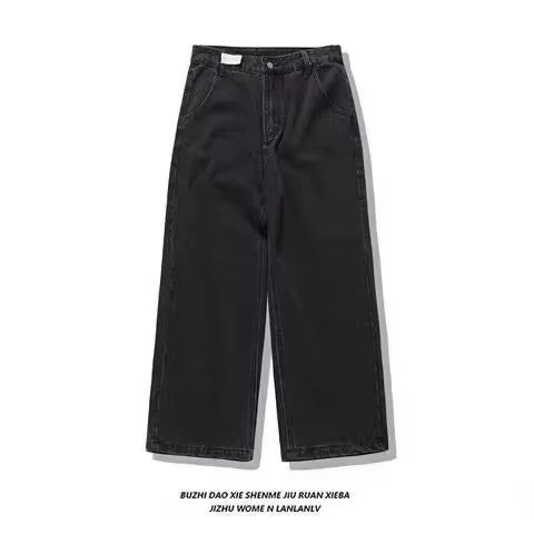 Street Retro Jeans for Women, Mottled Totem Print, Loose Fit Hip Hop Pants, American Straight Wide Leg Couple Jeans