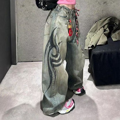 Street Retro Jeans for Women, Mottled Totem Print, Loose Fit Hip Hop Pants, American Straight Wide Leg Couple Jeans