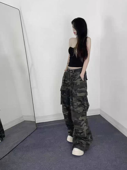 American High Street, Retro Wide Leg Jeans, Loose Camouflage Trousers for Men and Women, Casual Straight Long Fit