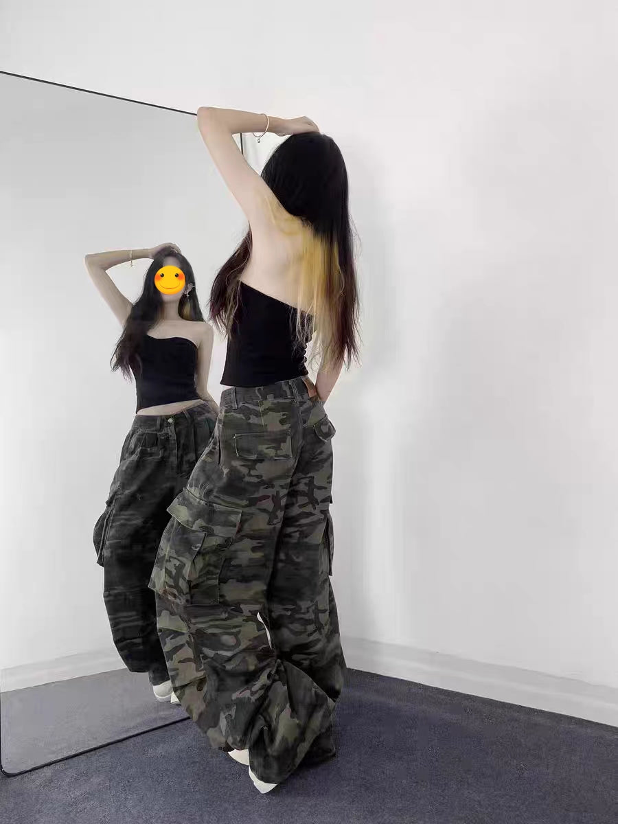 American High Street, Retro Wide Leg Jeans, Loose Camouflage Trousers for Men and Women, Casual Straight Long Fit