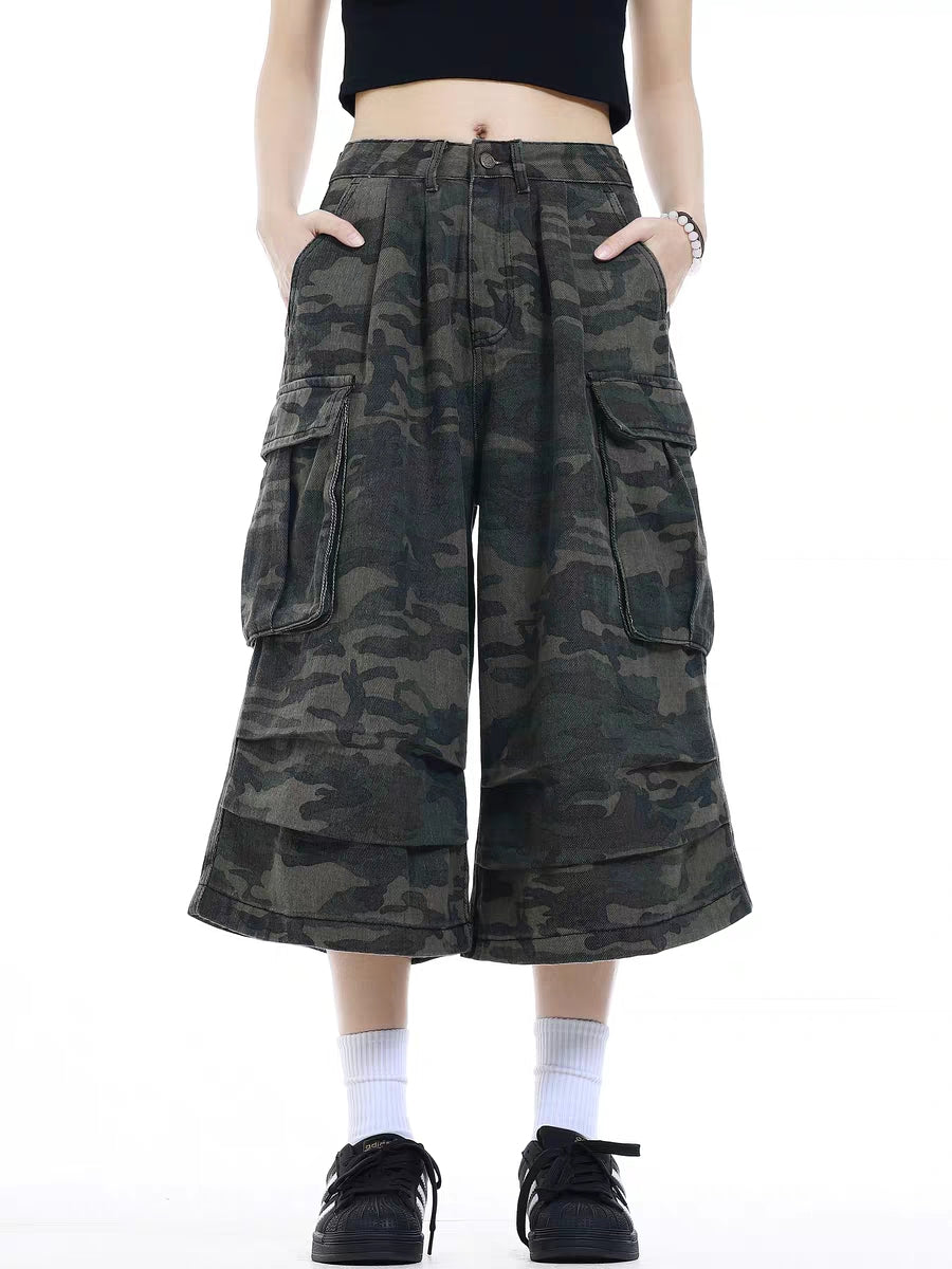 American High Street, Retro Wide Leg Jeans, Loose Camouflage Trousers for Men and Women, Casual Straight Long Fit