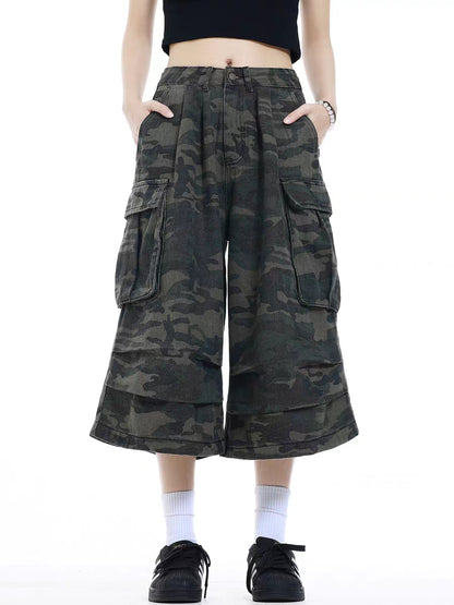 American High Street, Retro Wide Leg Jeans, Loose Camouflage Trousers for Men and Women, Casual Straight Long Fit