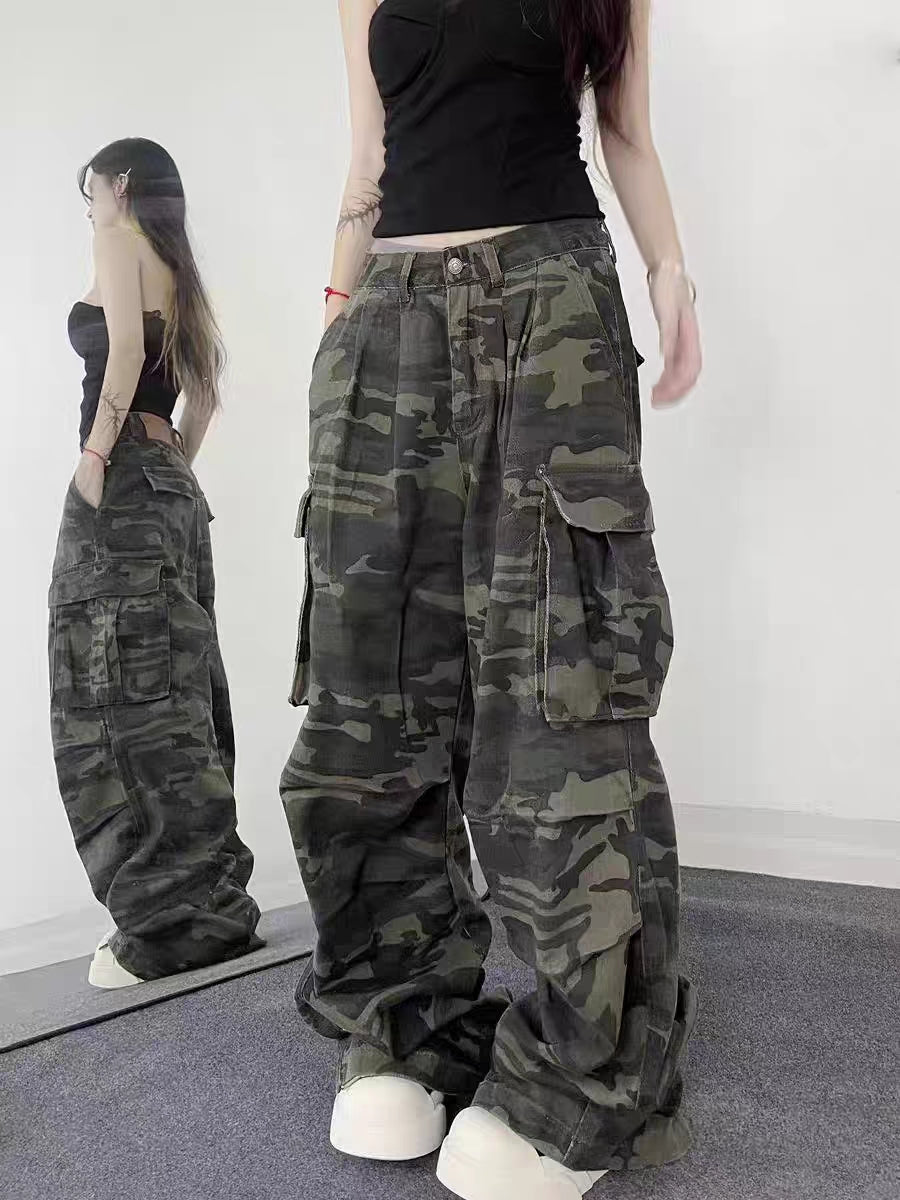 American High Street, Retro Wide Leg Jeans, Loose Camouflage Trousers for Men and Women, Casual Straight Long Fit
