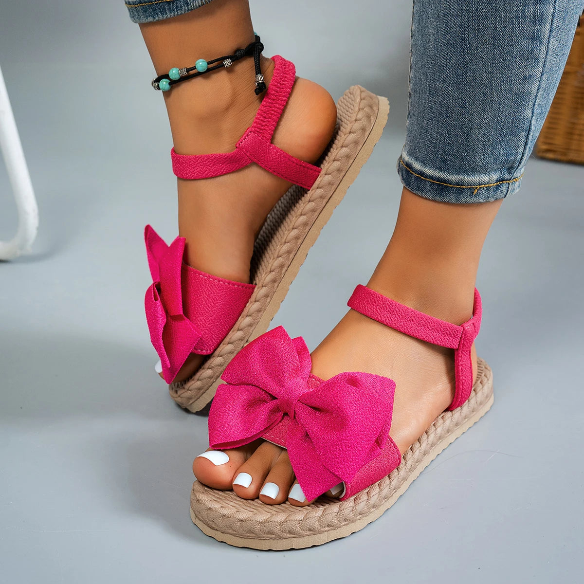 Lightweight Women Sandals For Summer Trendy Fashion Beach Slippers With Bow Tie Outdoor Flat Casual 4