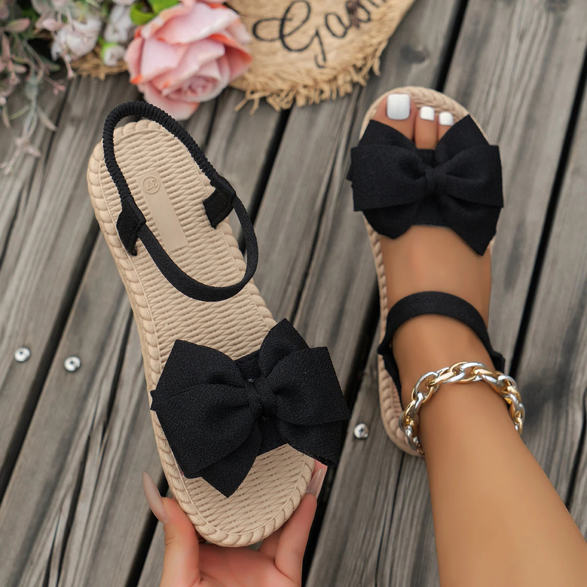 Lightweight Women Sandals For Summer Trendy Fashion Beach Slippers With Bow Tie Outdoor Flat Casual 9