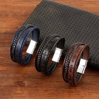 Vintage Handwoven Hip-Hop Punk Bracelets with Cross Logo, Leather Hand Jewelry Gift for Men and Women