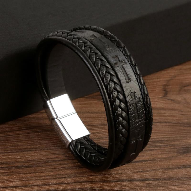 Vintage Handwoven HipHop Punk Bracelets With Cross Logo Leather Hand Jewelry Gift For Men And Women 2