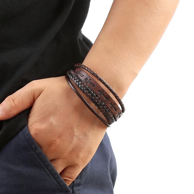 Vintage Handwoven HipHop Punk Bracelets With Cross Logo Leather Hand Jewelry Gift For Men And Women 4