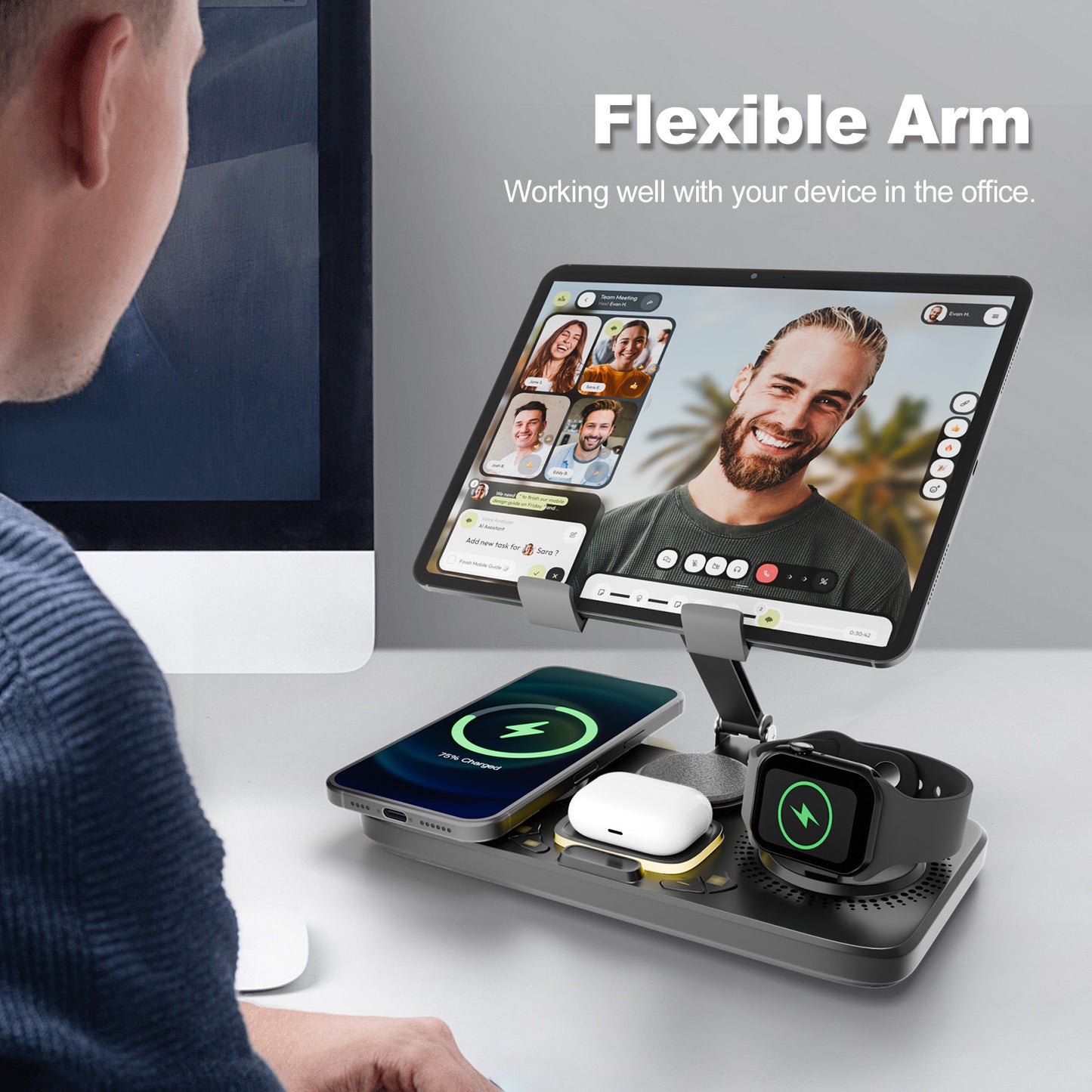 Wireless Charger Station 7 in 1, Multiple Devices for iPhone, iPad, AirPods, Apple Watch, Fast Charge, Night Lamp, Clock