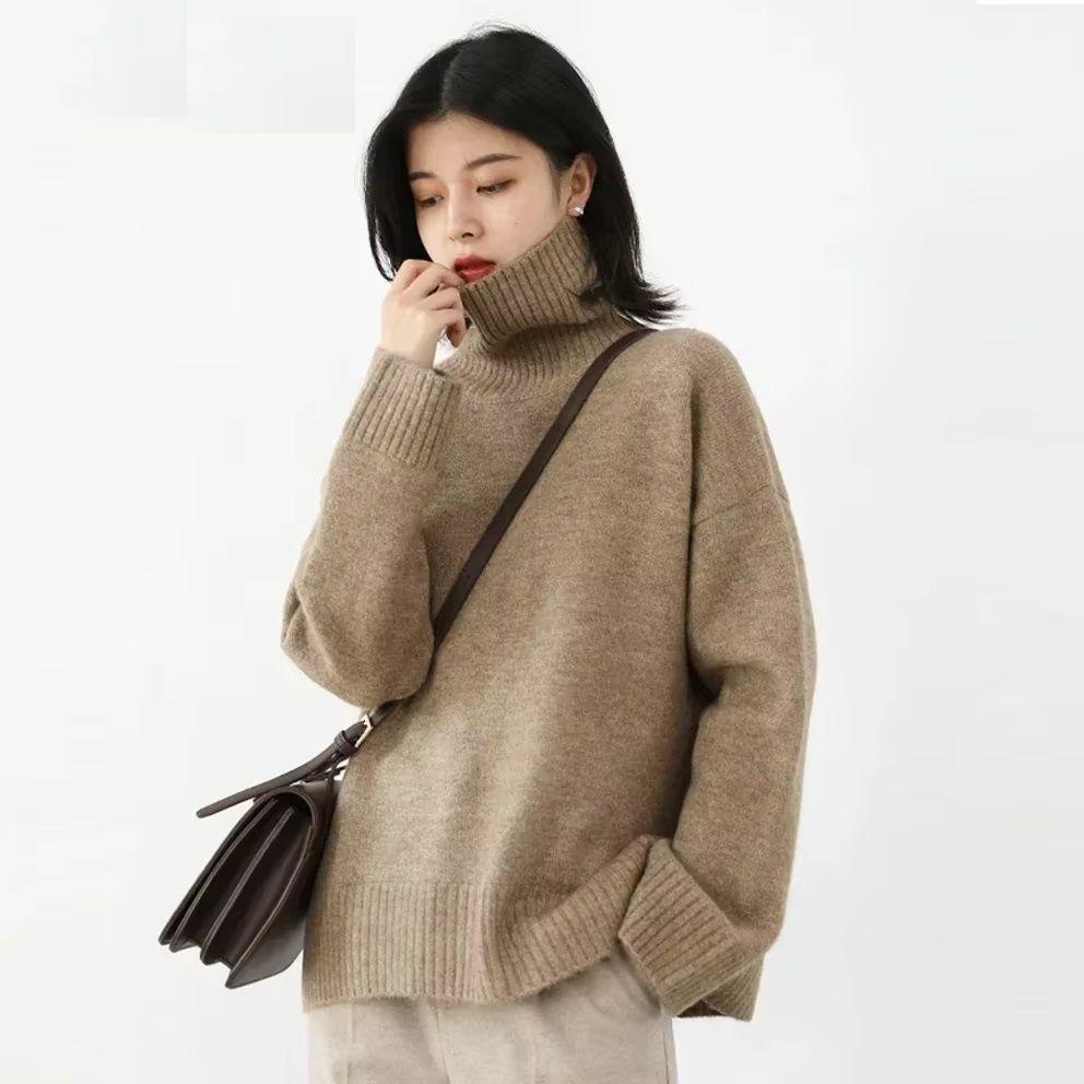 Womens Turtleneck Sweater Loose Fit Pullover Warm Knitwear Solid Basic Top Autumn Winter Fashion 1