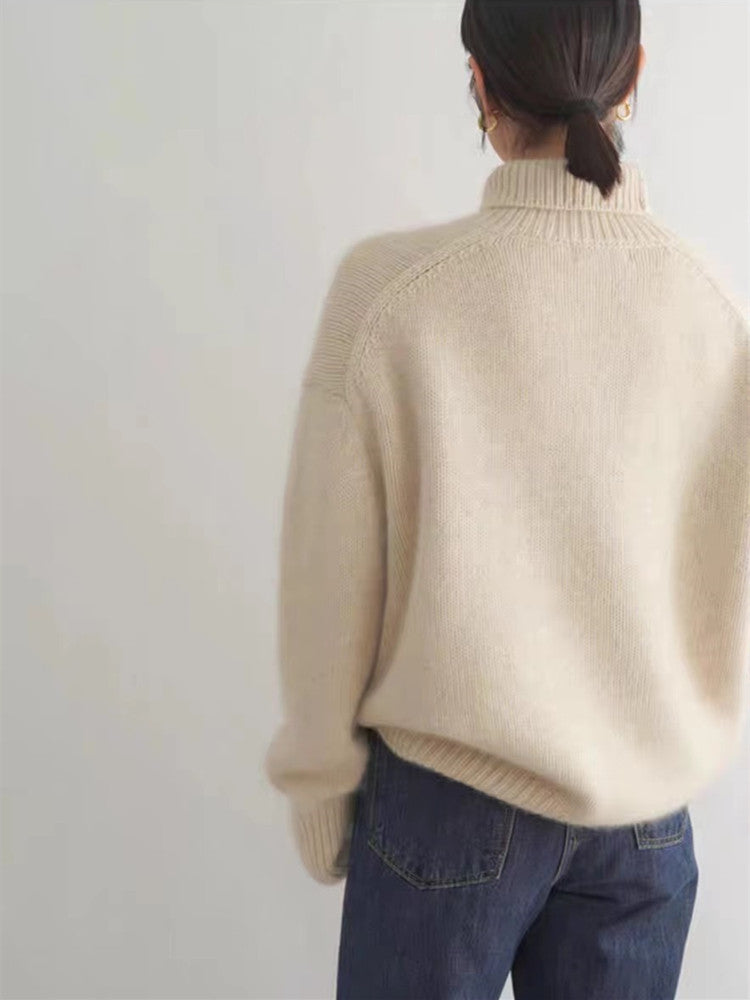Women's Turtleneck Cashmere Sweater, 100% Pure Wool Knit, Loose Fit Pullover for Autumn Winter