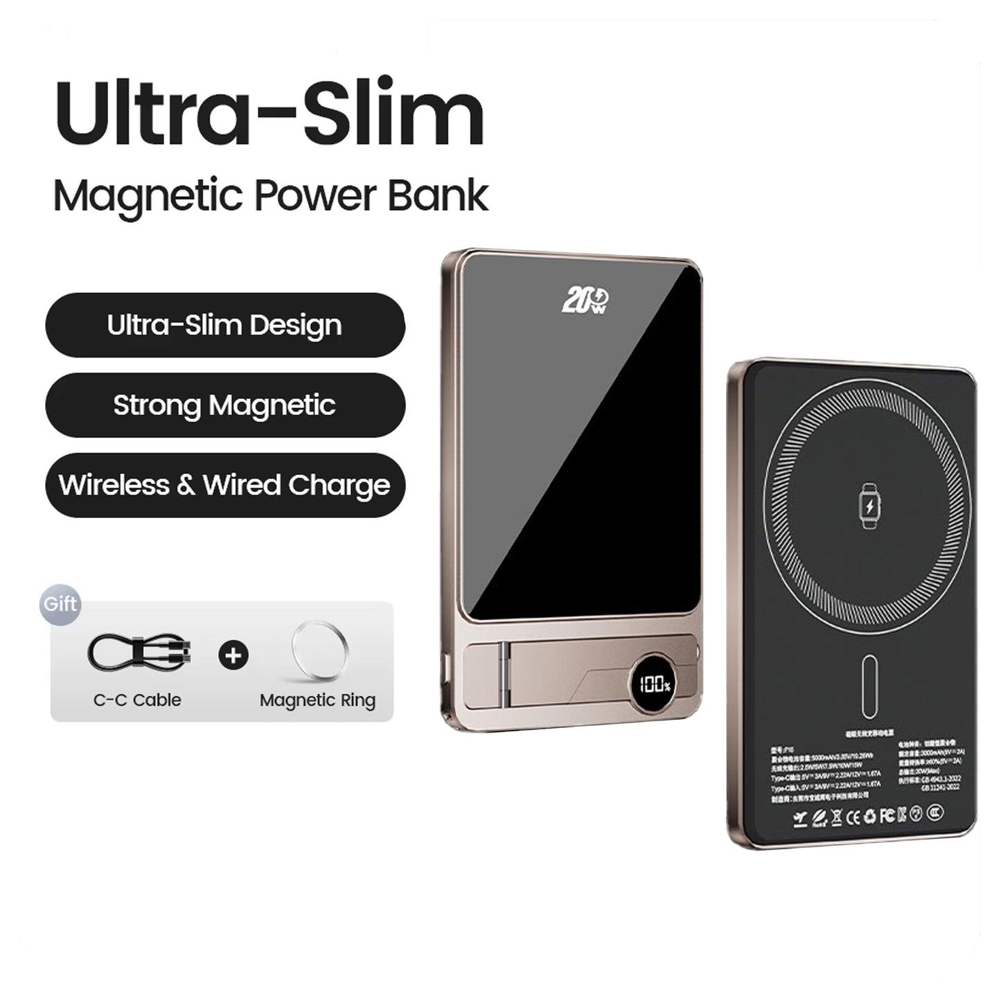 Portable Magnetic Wireless Power Bank 10000mAh Ultra Slim, 20W Fast Charging Battery for iPhone, Samsung, Xiaomi, Apple