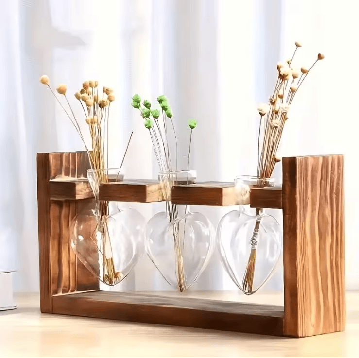 HeartBloom Glass Vase With Wooden Stand For Hydroponic Plant Propagation And Home Decor 1