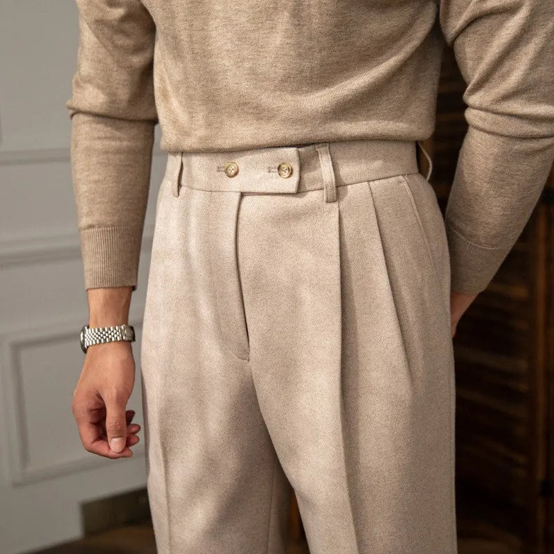 Mens Warm Wool Blend Pants, High Waisted Straight Leg Trousers for Autumn Winter Casual Suit Pant, Versatile Solid Color
