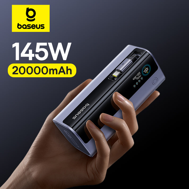 Baseus Power Bank, Fast Charge Portable External Battery Charger PowerBank, Built In Retractable Type C Cable