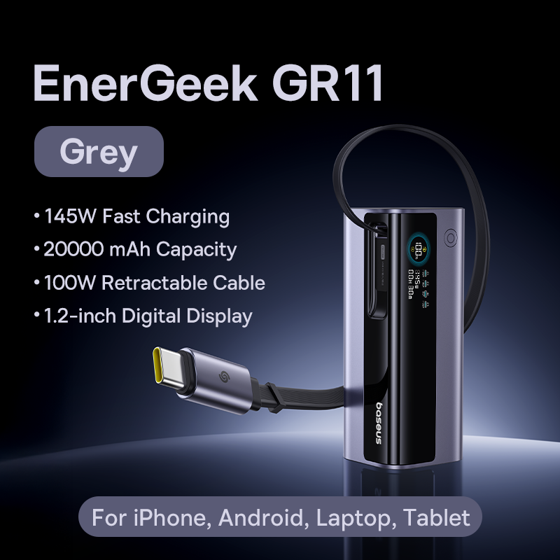 Baseus Power Bank, Fast Charge Portable External Battery Charger PowerBank, Built In Retractable Type C Cable