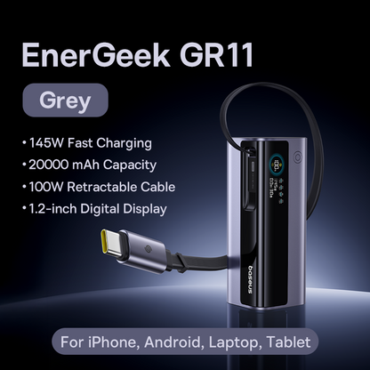 Baseus Power Bank, Fast Charge Portable External Battery Charger PowerBank, Built In Retractable Type C Cable