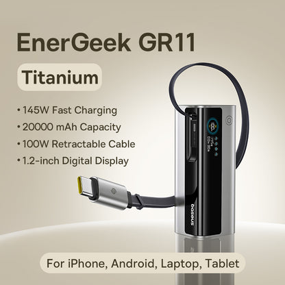 Baseus Power Bank, Fast Charge Portable External Battery Charger PowerBank, Built In Retractable Type C Cable