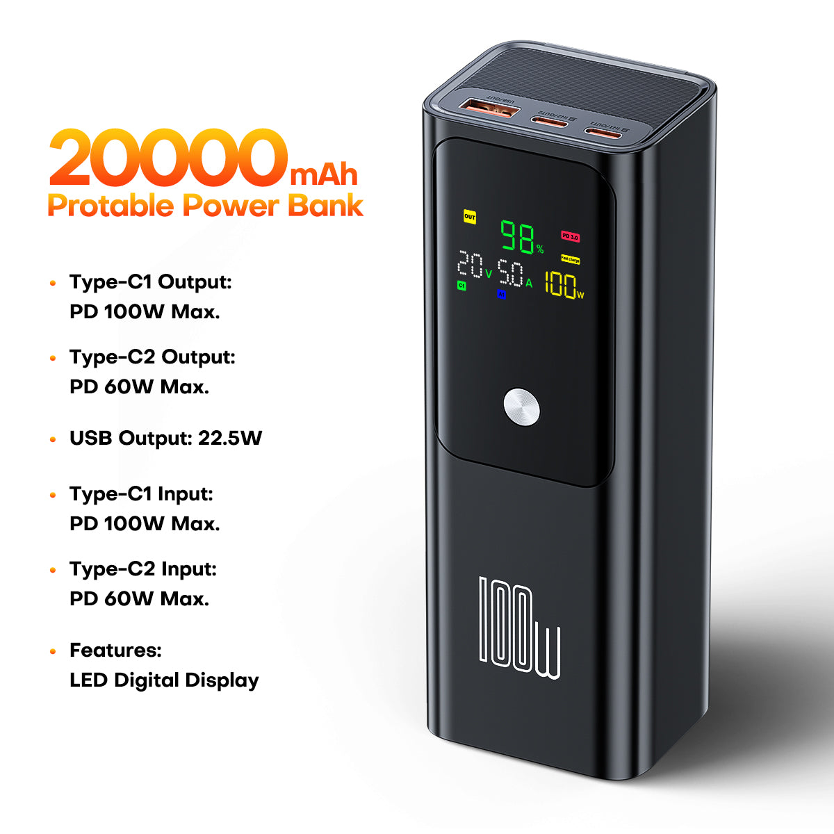 20000mAh Power Bank, Fast Charging External Battery, Portable Charger for Laptop, iPhone, Samsung