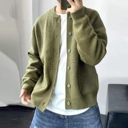 Men's Knitted Cardigan Sweater, Casual Pure Color, Versatile Autumn Winter Coat, Youth Lazy Fashion Style
